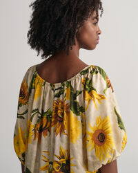 Gathered Sunflower Print Dress