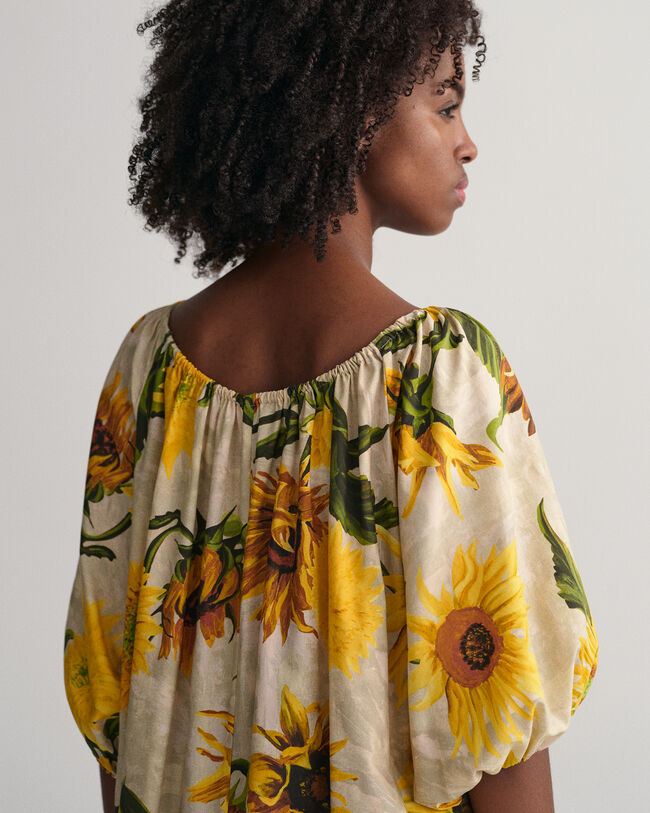 Gathered Sunflower Print Dress