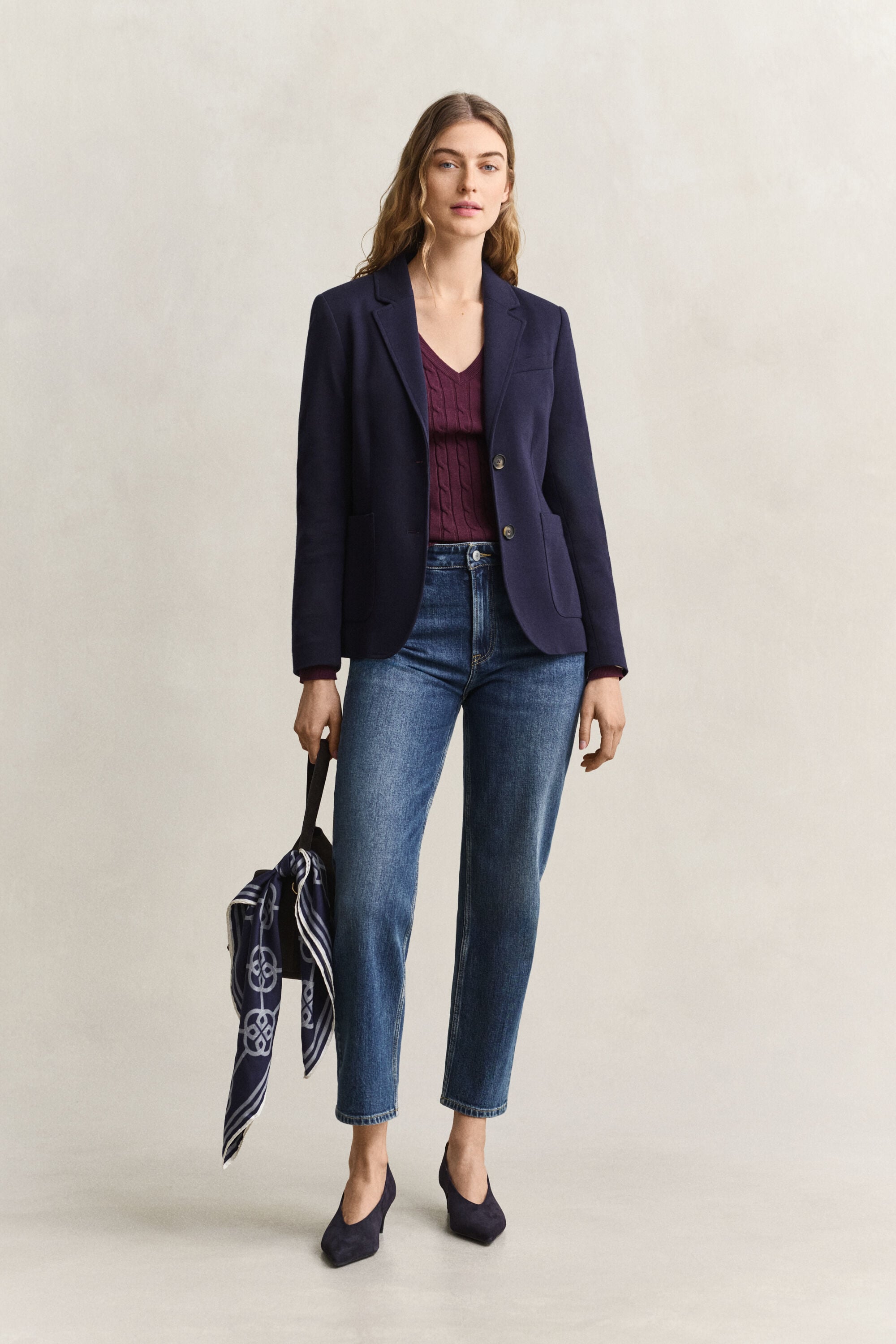 Stretch Cotton Cable Knit V-Neck Sweater