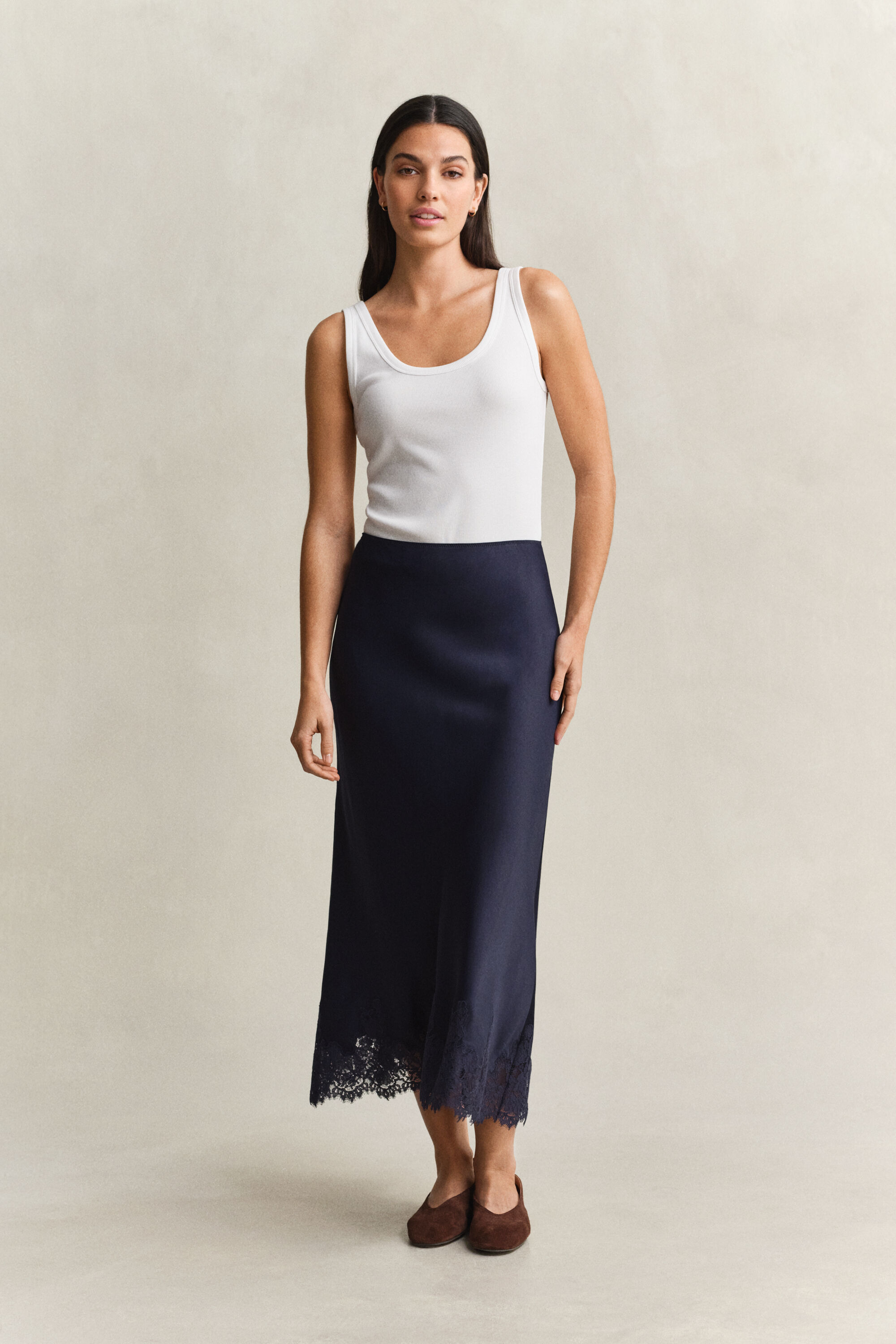 Satin Lace Midi Skirt