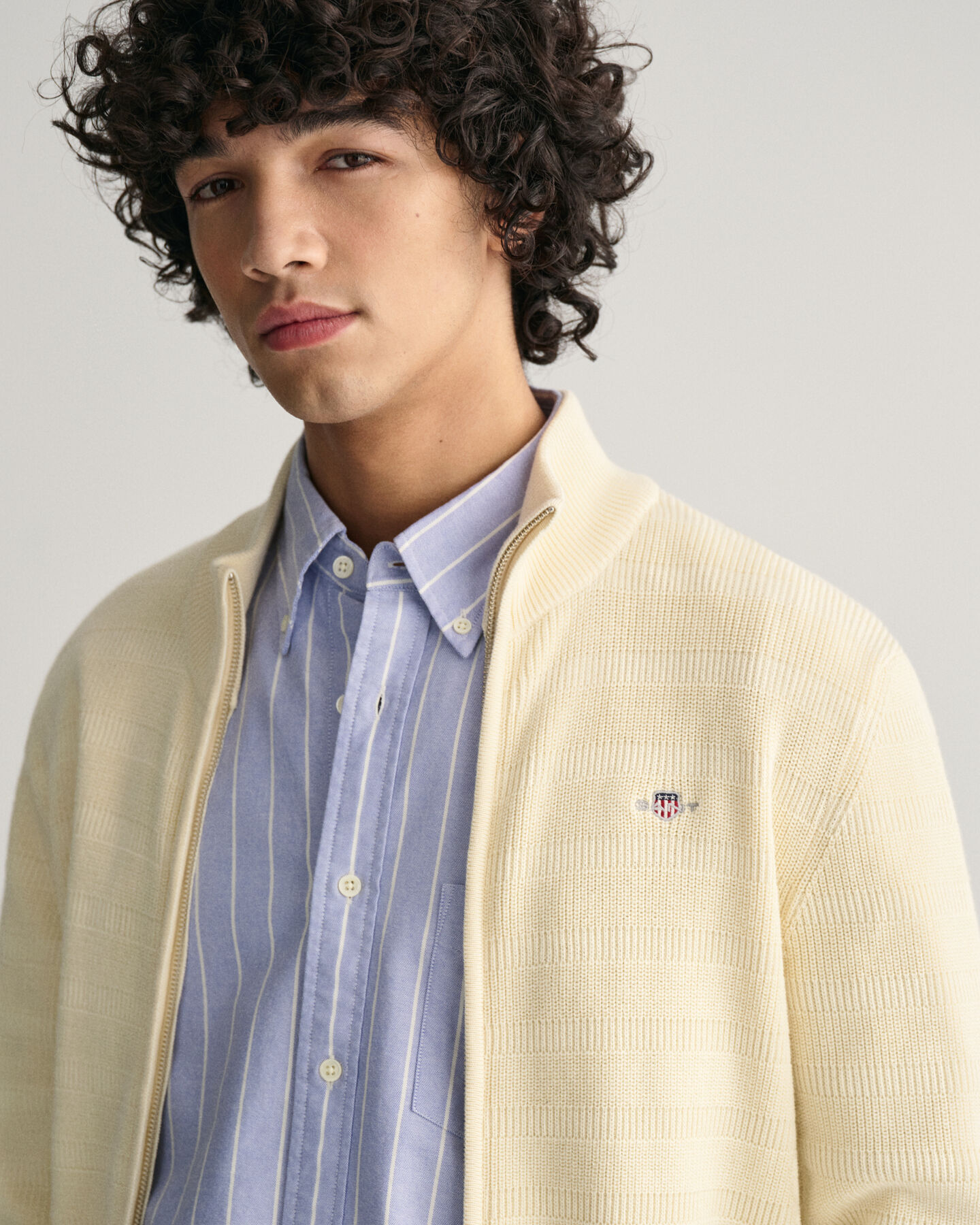 Striped Textured Cotton Zip Cardigan