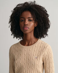 Stretch Cotton Cable Knit Crew Neck Sweater