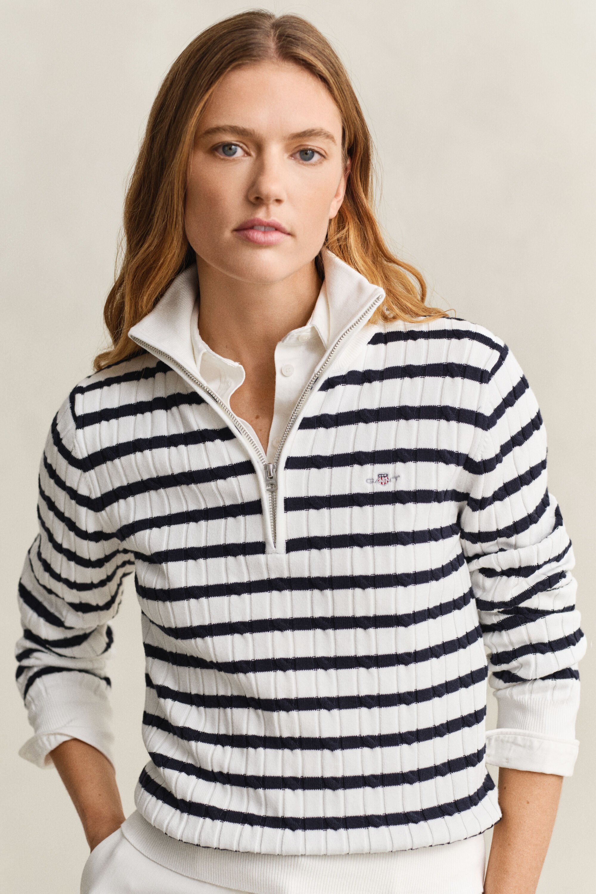 Striped Cable Knit Half-Zip Sweater