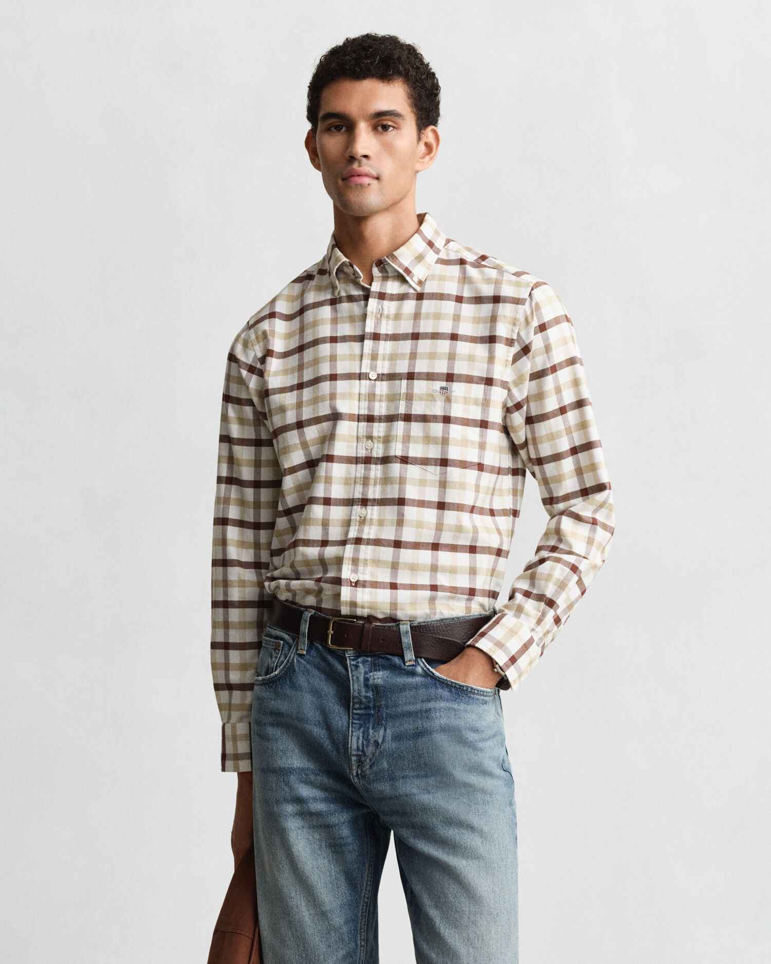 Regular Fit Checked Oxford Shirt — MAHOGANY BROWN