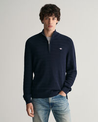 Striped Textured Cotton Half-Zip Sweater