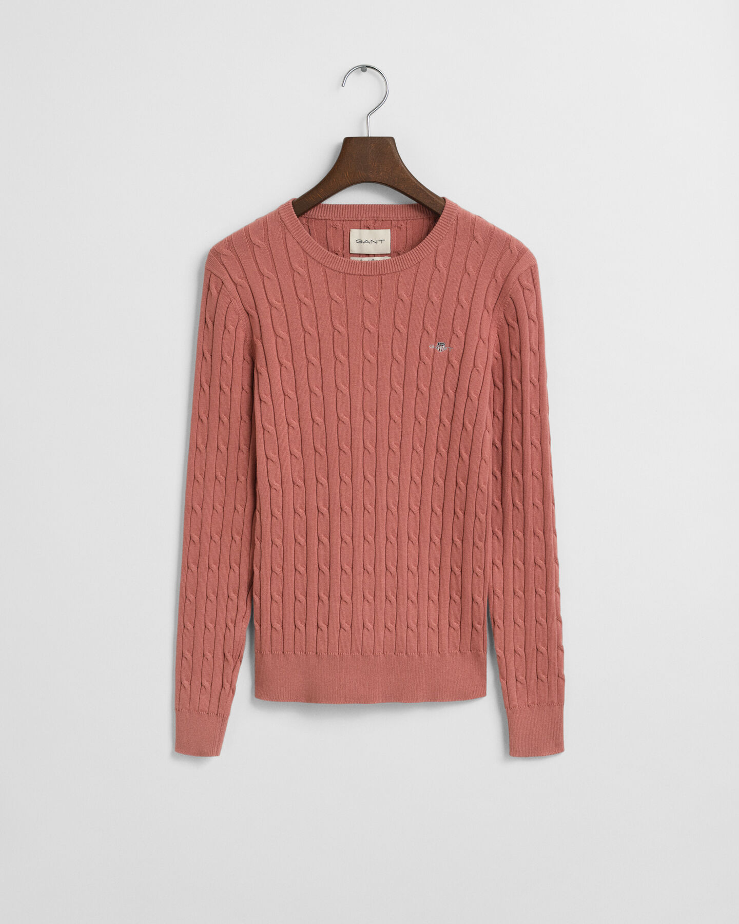 Stretch Cotton Cable Knit Crew Neck Sweater
