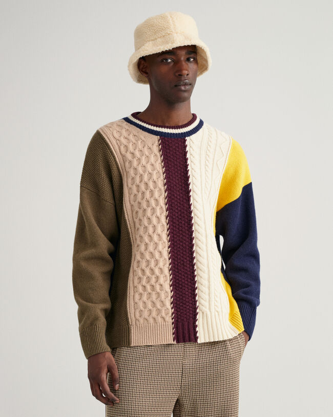 Patched Cable Crew Neck Sweater