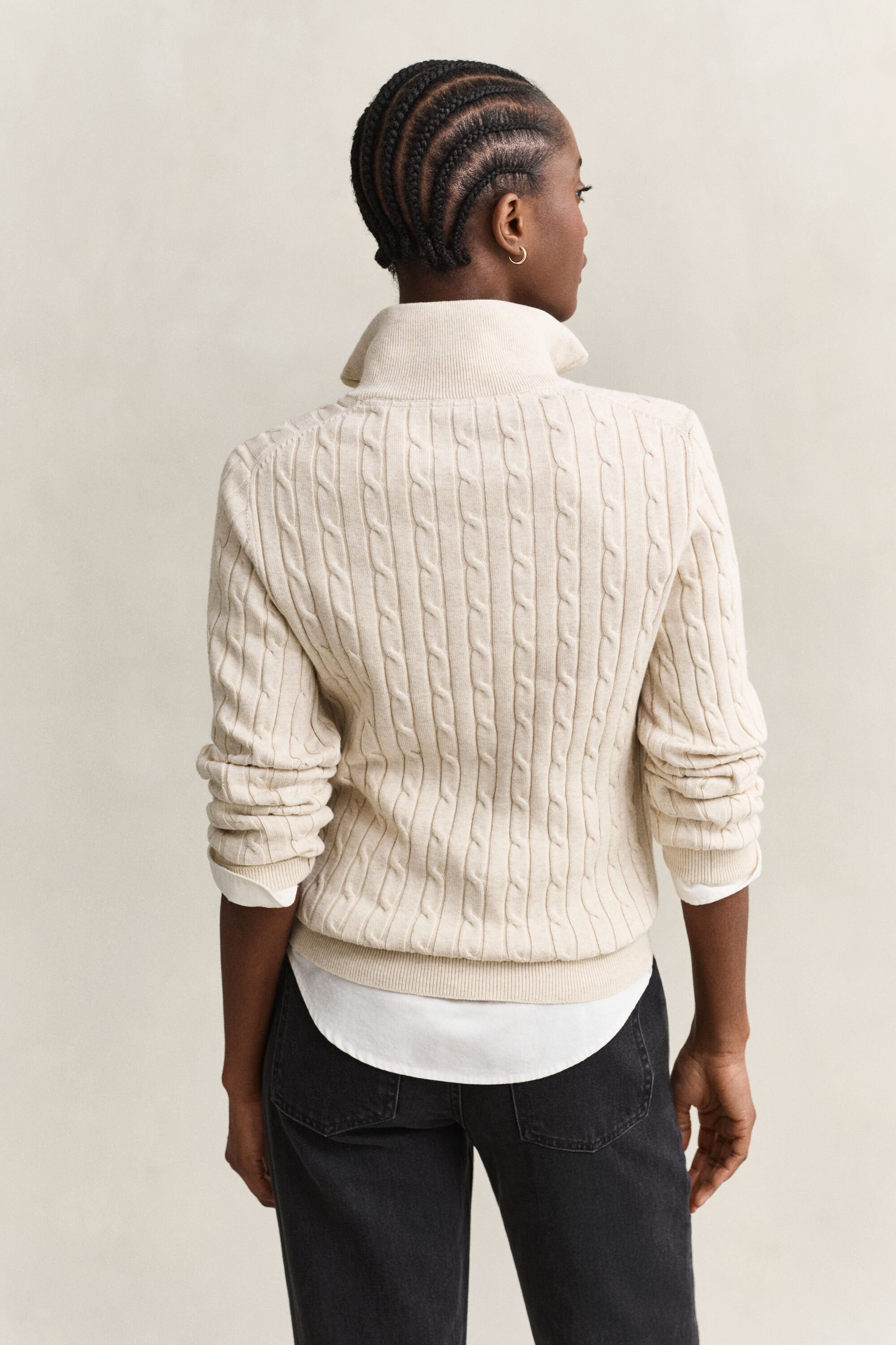 Stretch Cotton Cable Knit Half-Zip Sweater