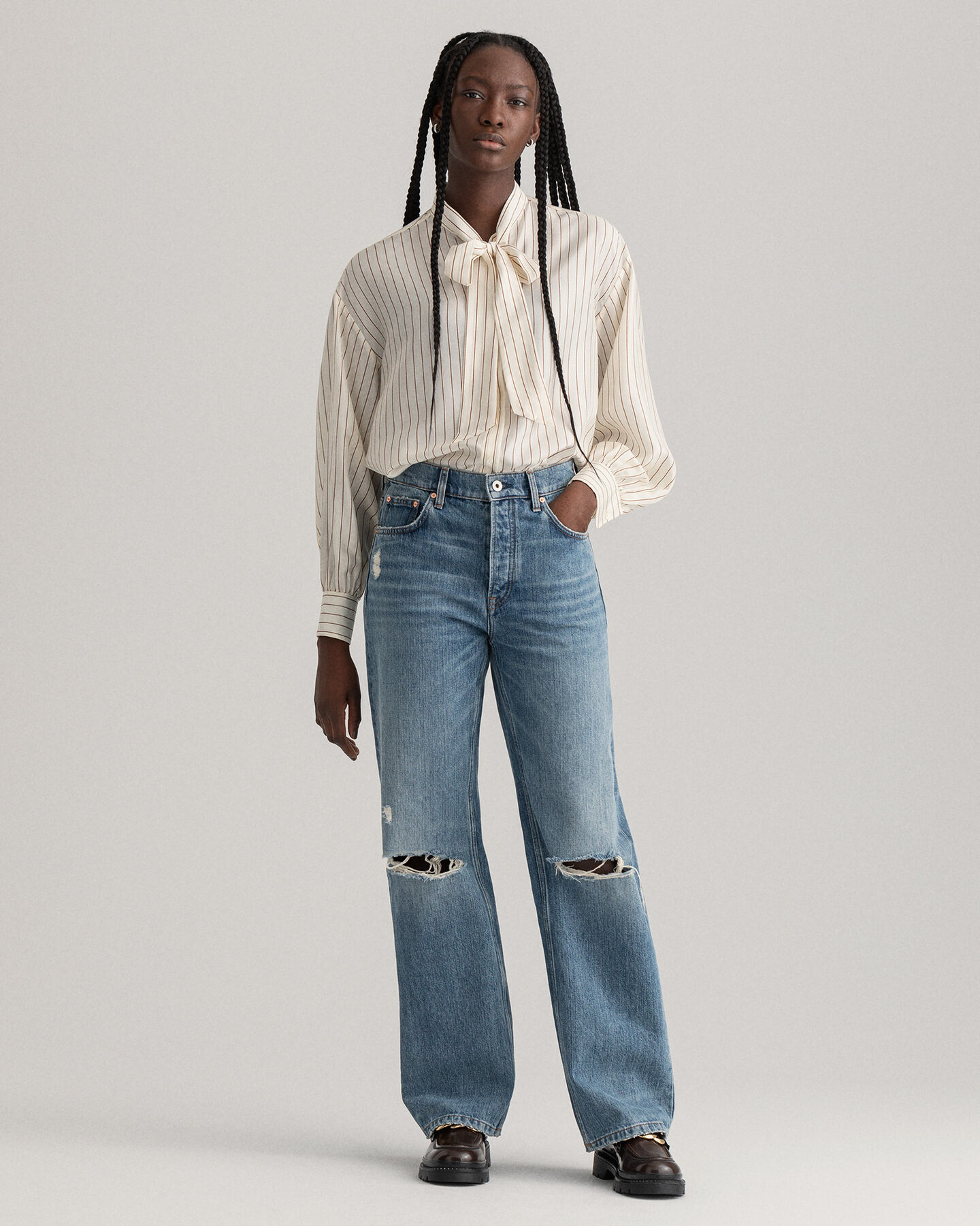 Pinstripe Bow Silk Shirt