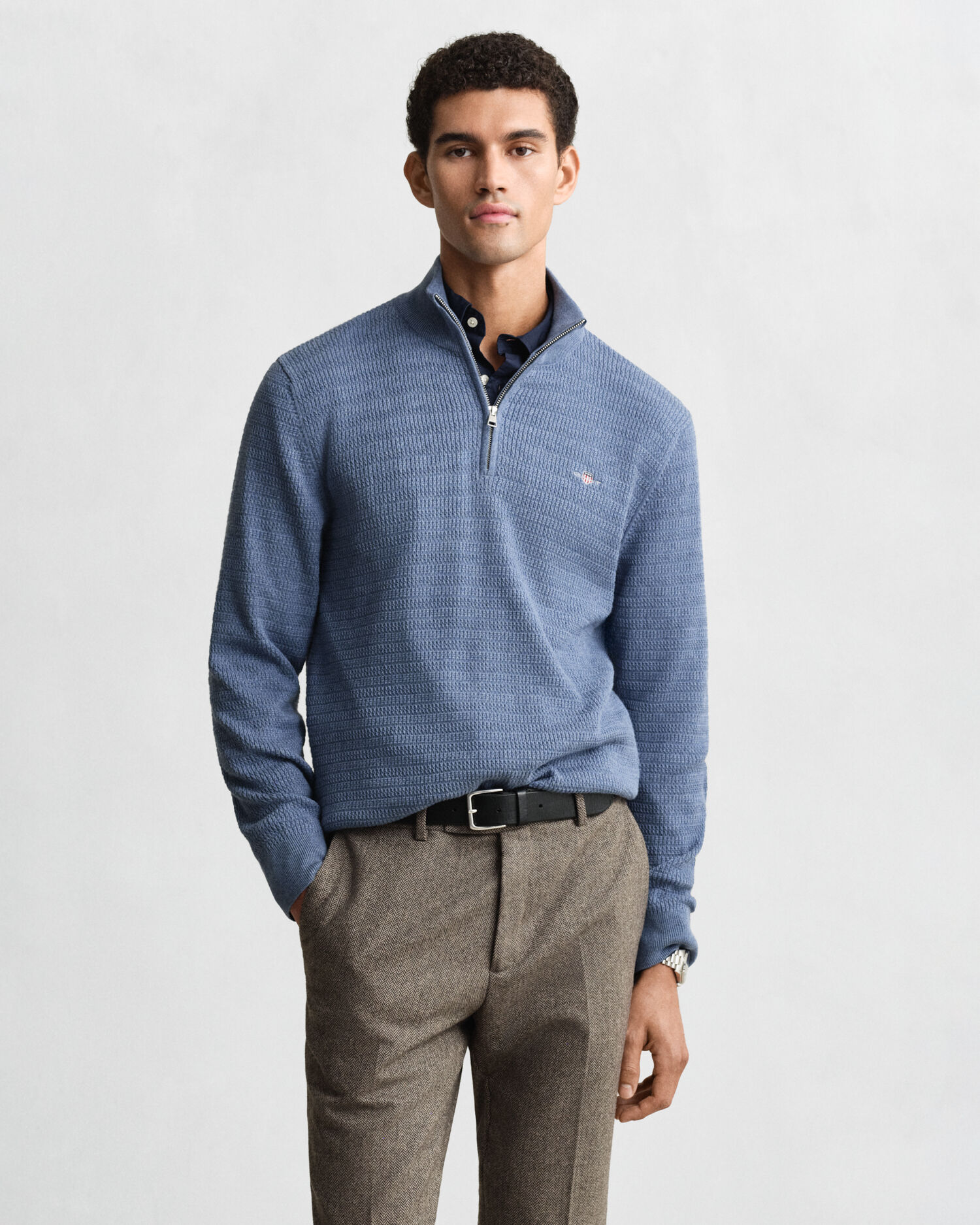 Mini Cable Knit Half-Zip Sweater — DENIM BLUE MELANGE