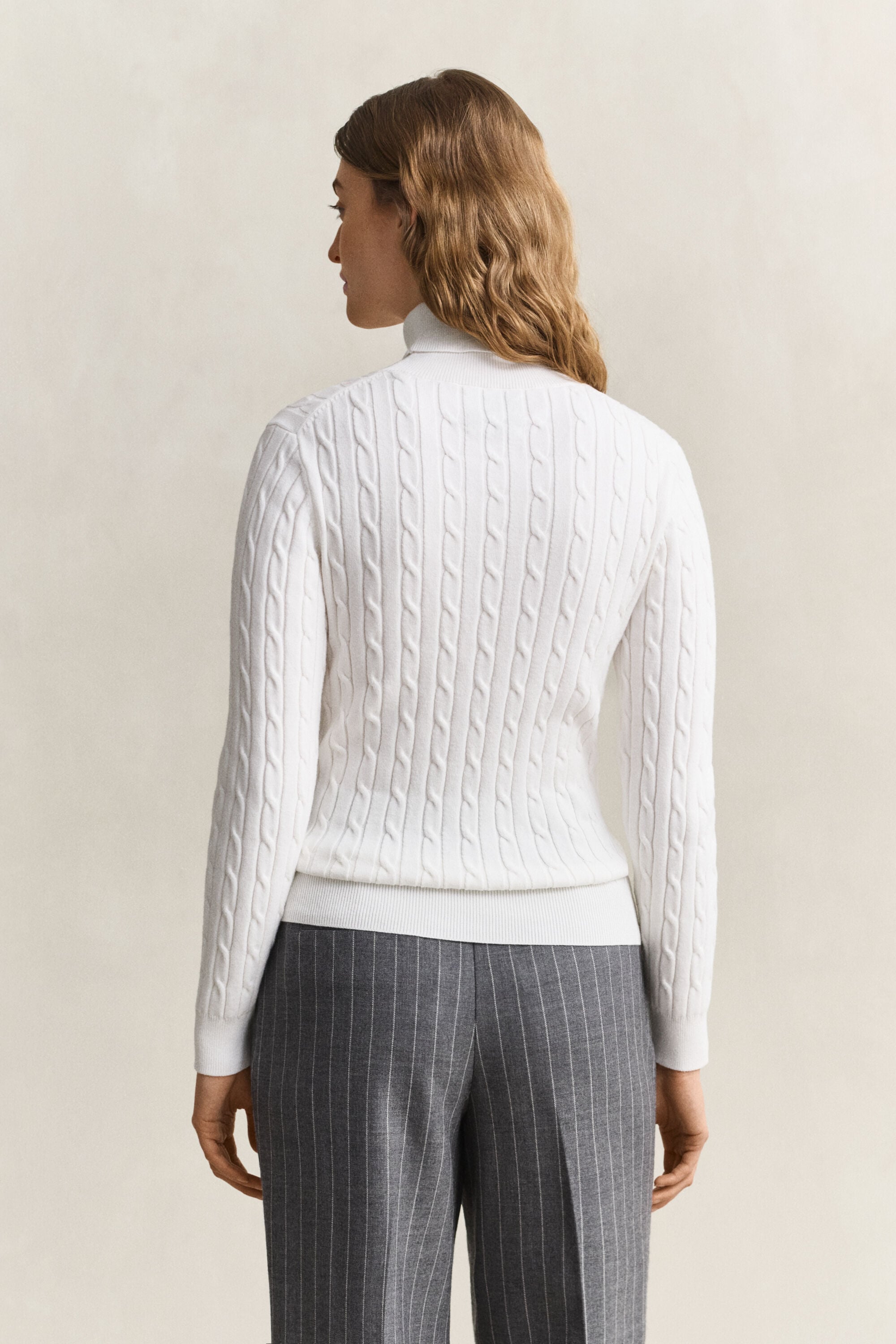 Stretch Cotton Cable Knit Turtleneck Sweater