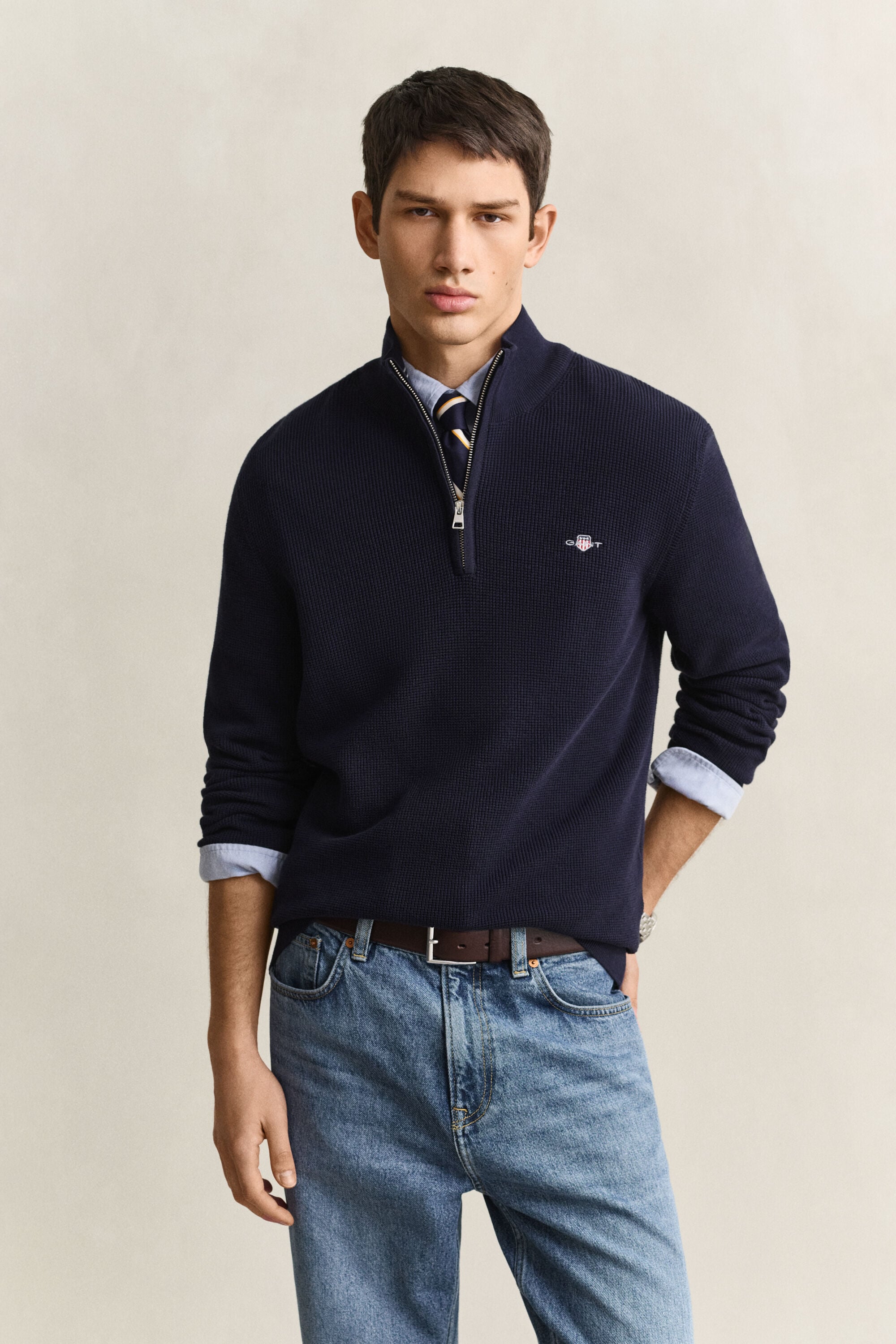 Textured Cotton Half-Zip Sweater