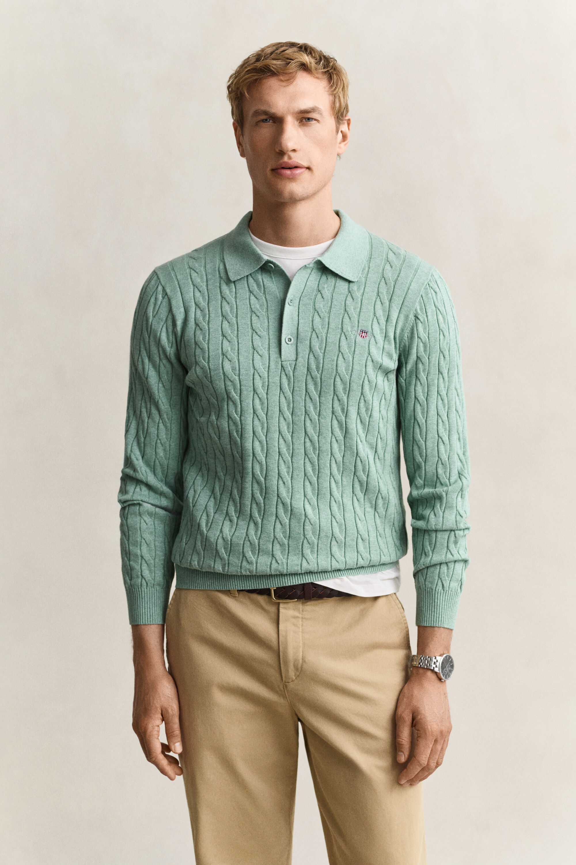 Cotton Cable Knit Polo Sweater
