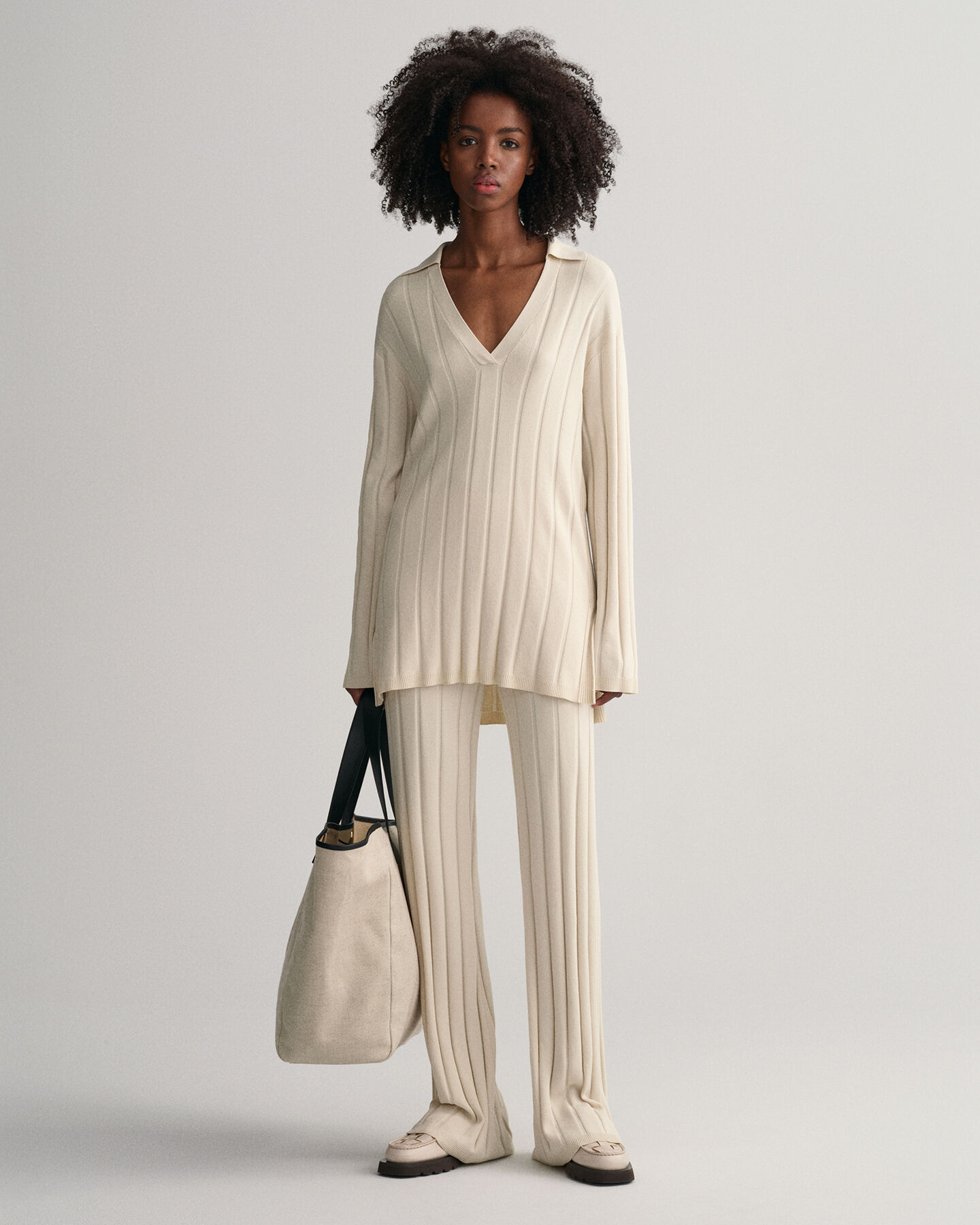 Rib Knit Open Collar Sweater