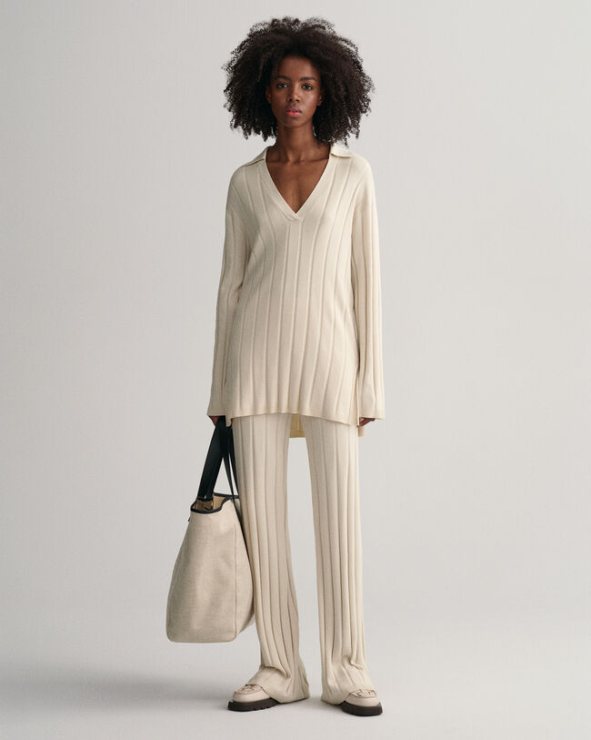 Rib Knit Open Collar Sweater