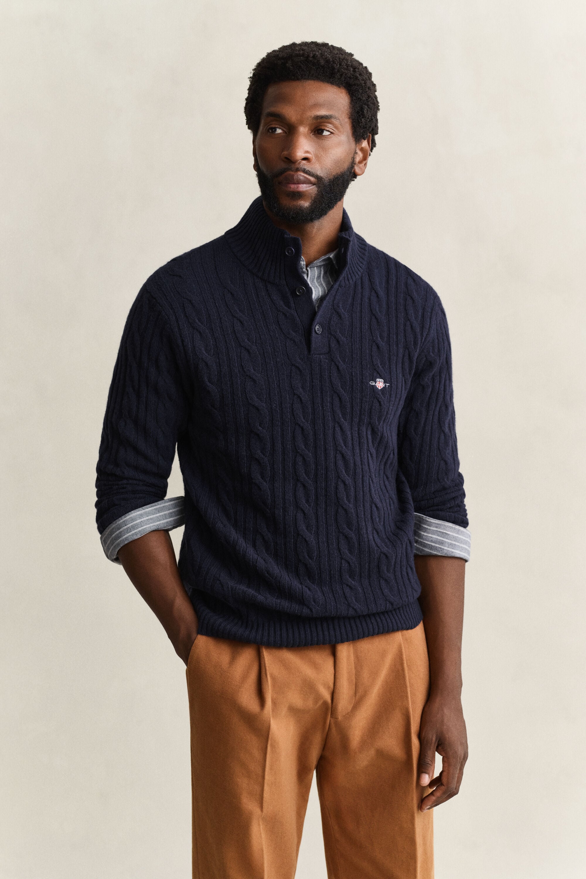 Lambswool Cable Knit Half-Buttoned Sweater