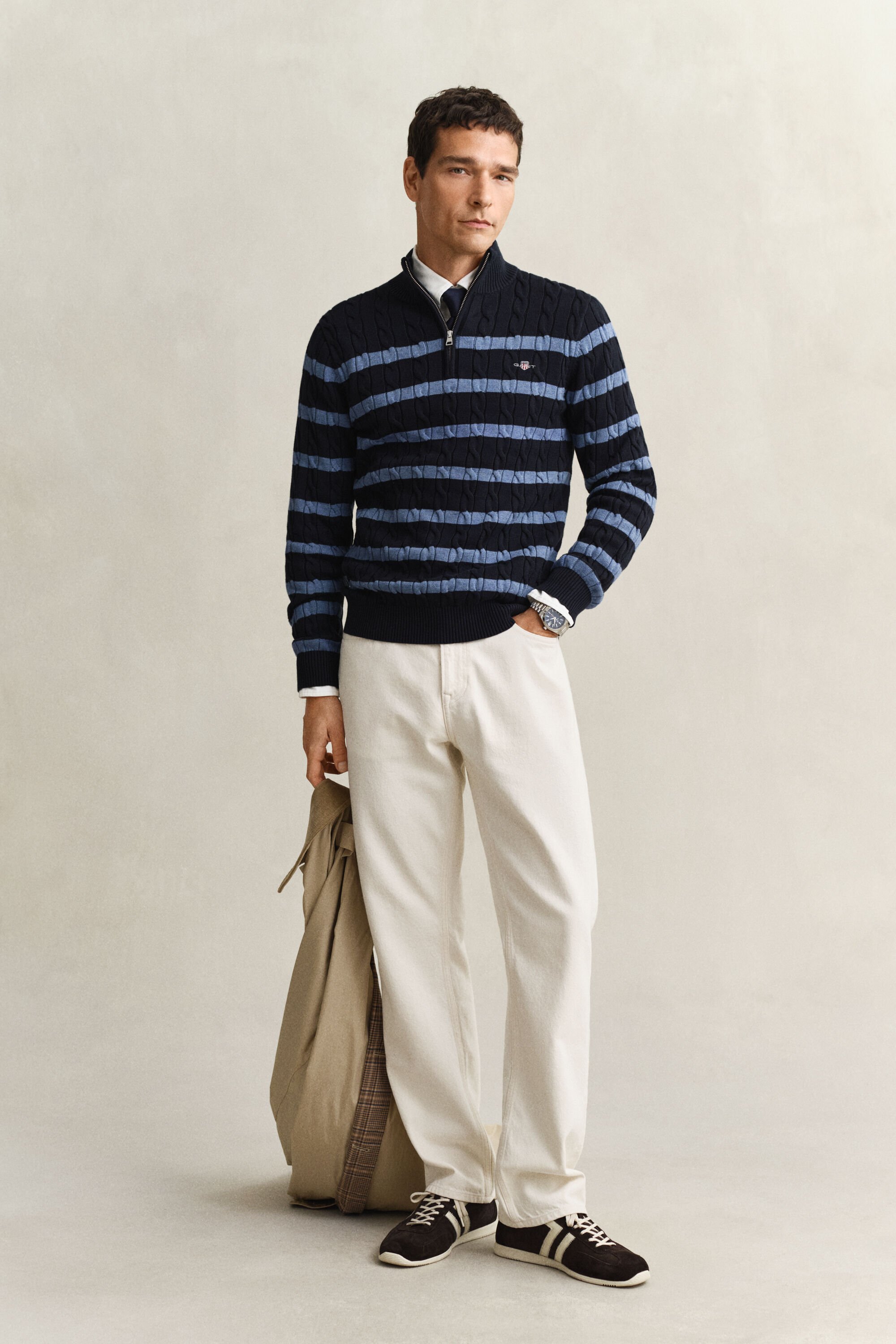 Striped Cotton Cable Knit Half-Zip Sweater