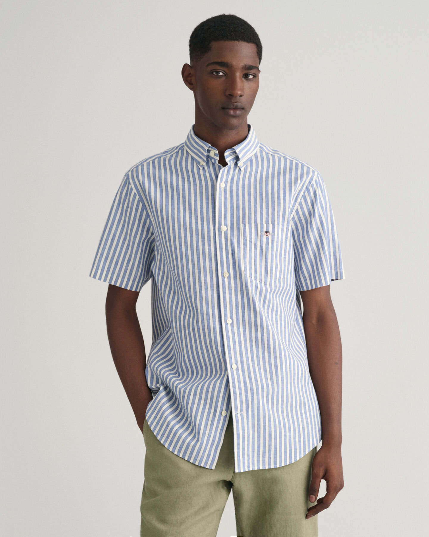 Regular Fit Striped Cotton Linen Short Sleeve Shirt