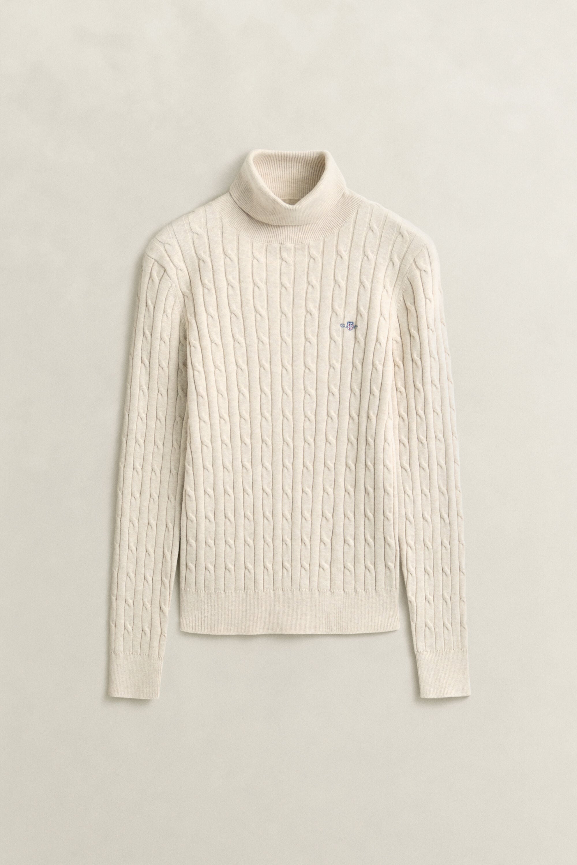 Stretch Cotton Cable Knit Turtleneck Sweater