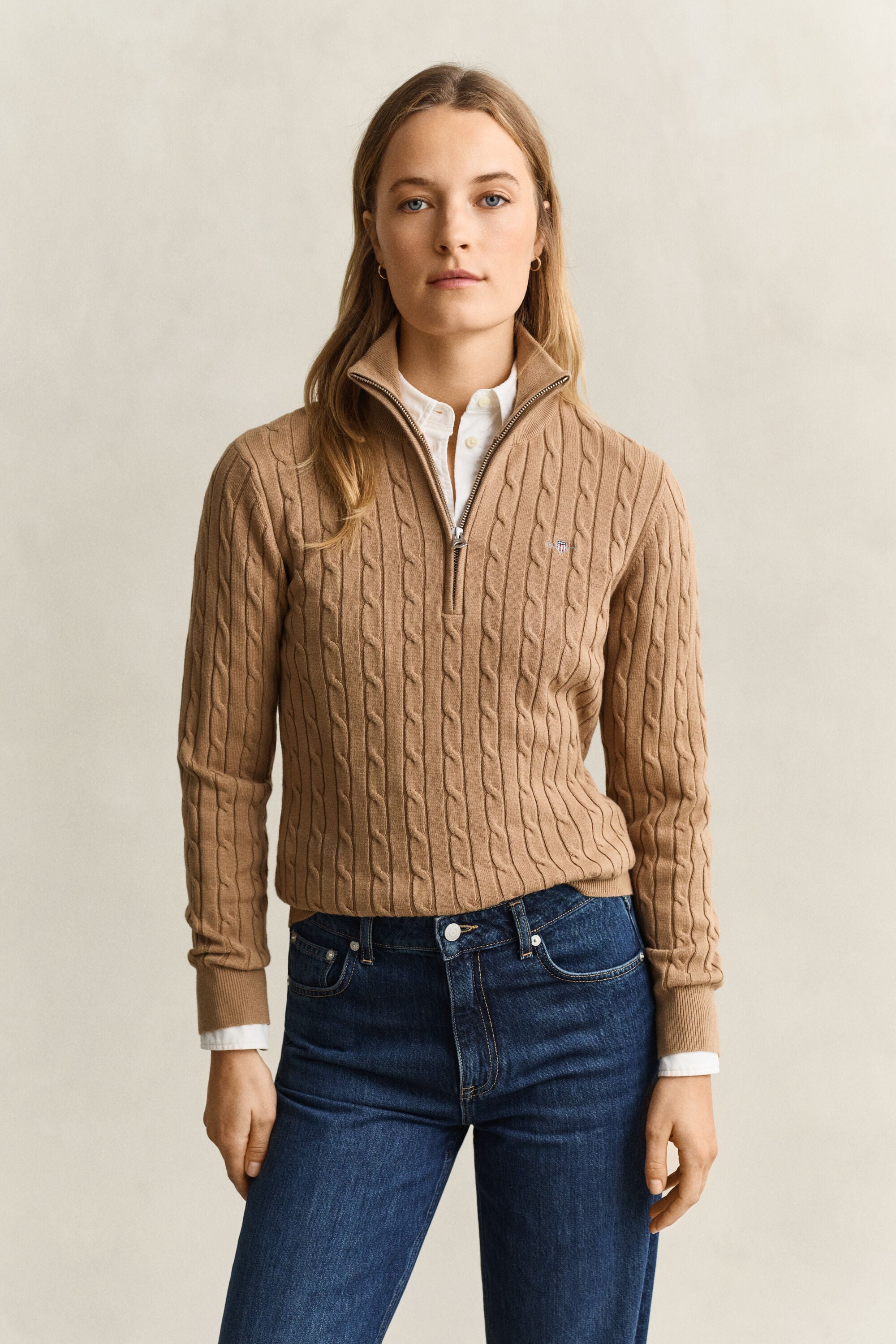 Stretch Cable Knit Half-Zip Sweater