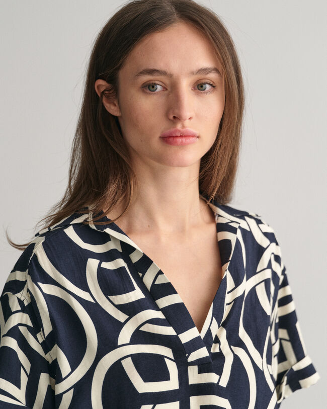 Relaxed Fit Monogram Print Popover Short Sleeve Shirt