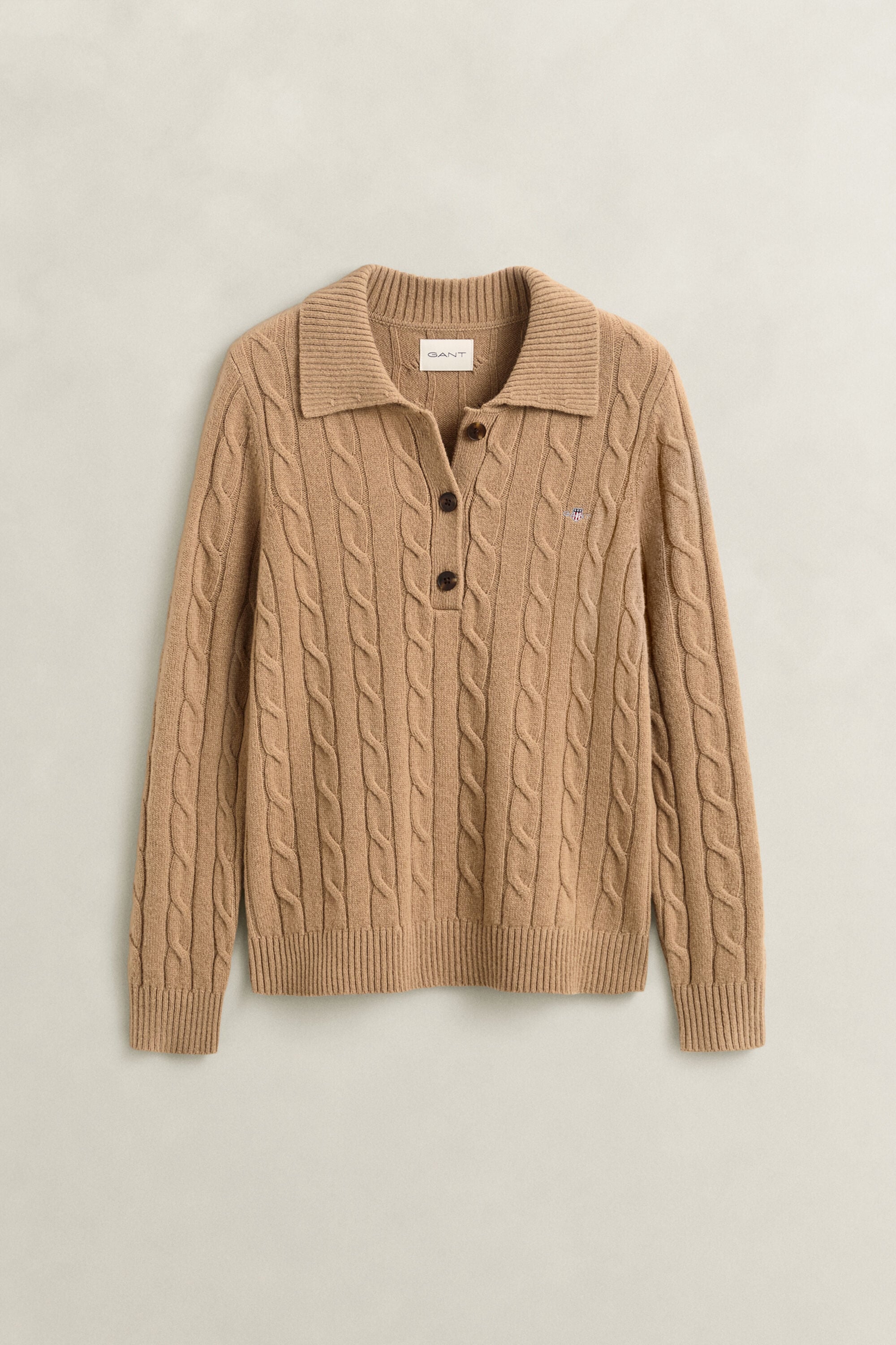 Lambswool Cable Knit Rugger — WARM KHAKI
