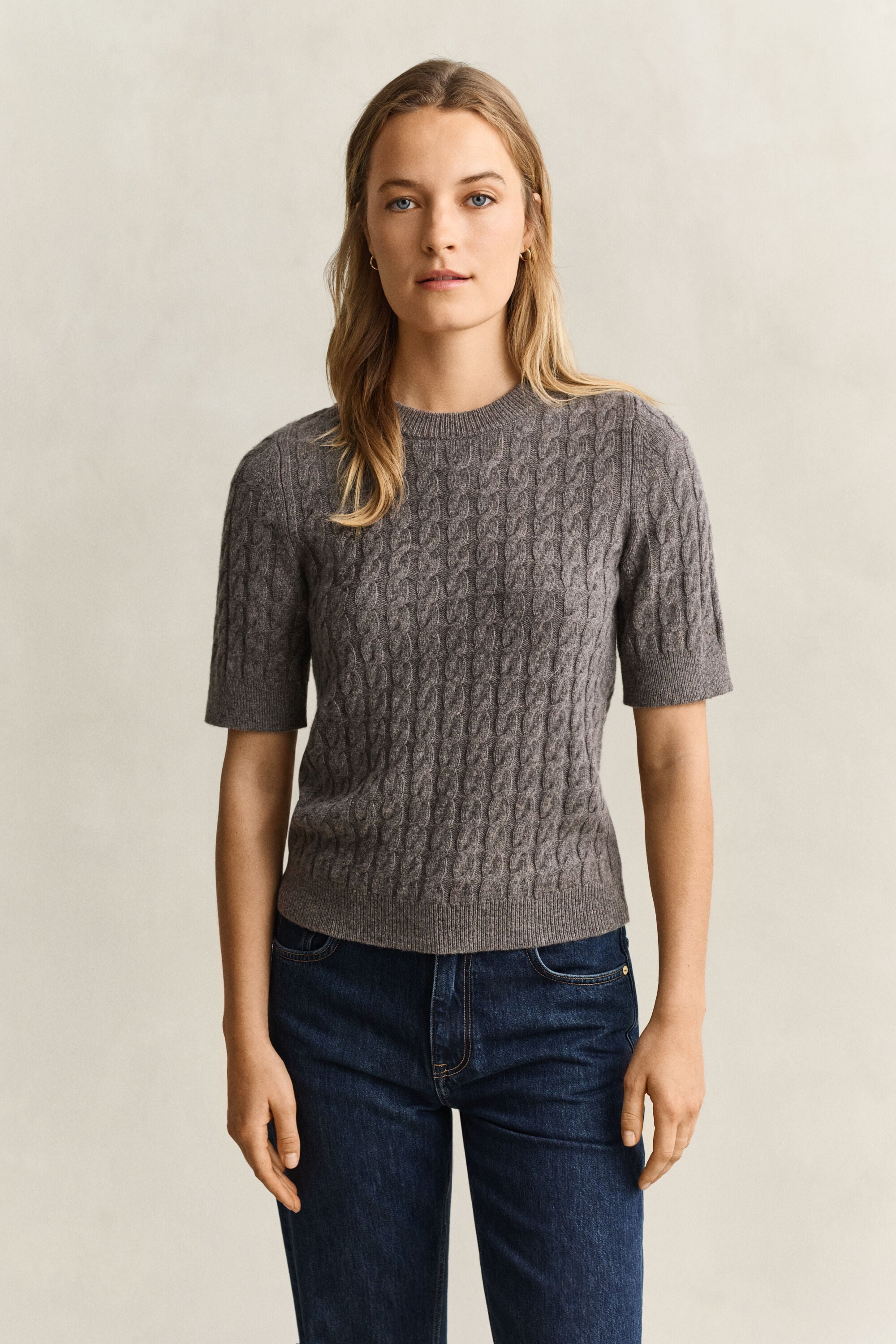 Wool Cashmere Cable Knit Short Sleeve Sweater