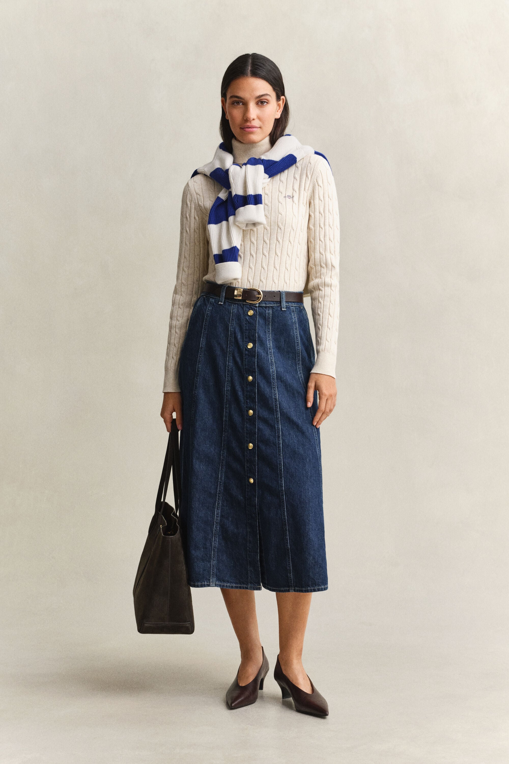 Stretch Cotton Cable Knit Turtleneck Sweater