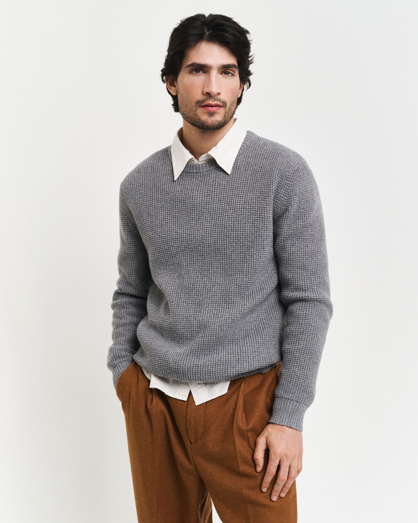 Textured Wool Blend Crew Neck Sweater