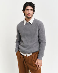 Textured Wool Blend Crew Neck Sweater