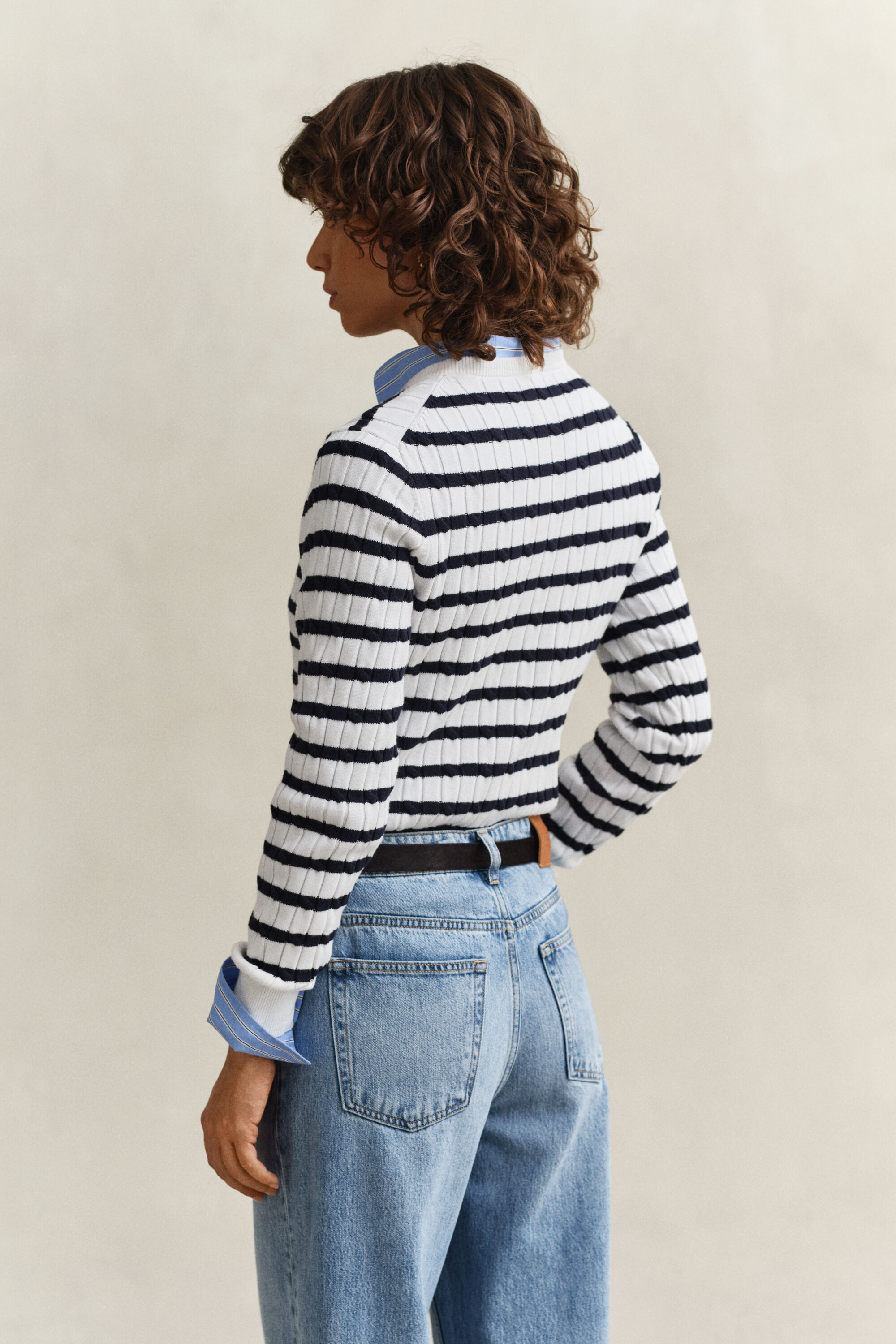 Striped Cable Knit Crew Neck Sweater