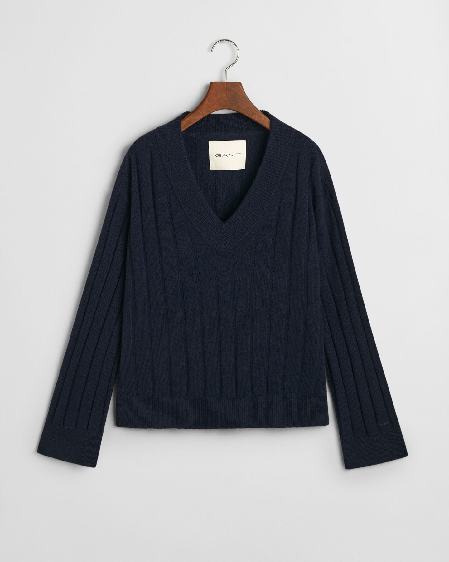 Wide Ribbed Wool V-Neck Sweater