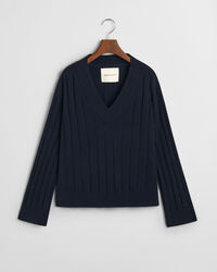 Wide Ribbed Wool V-Neck Sweater