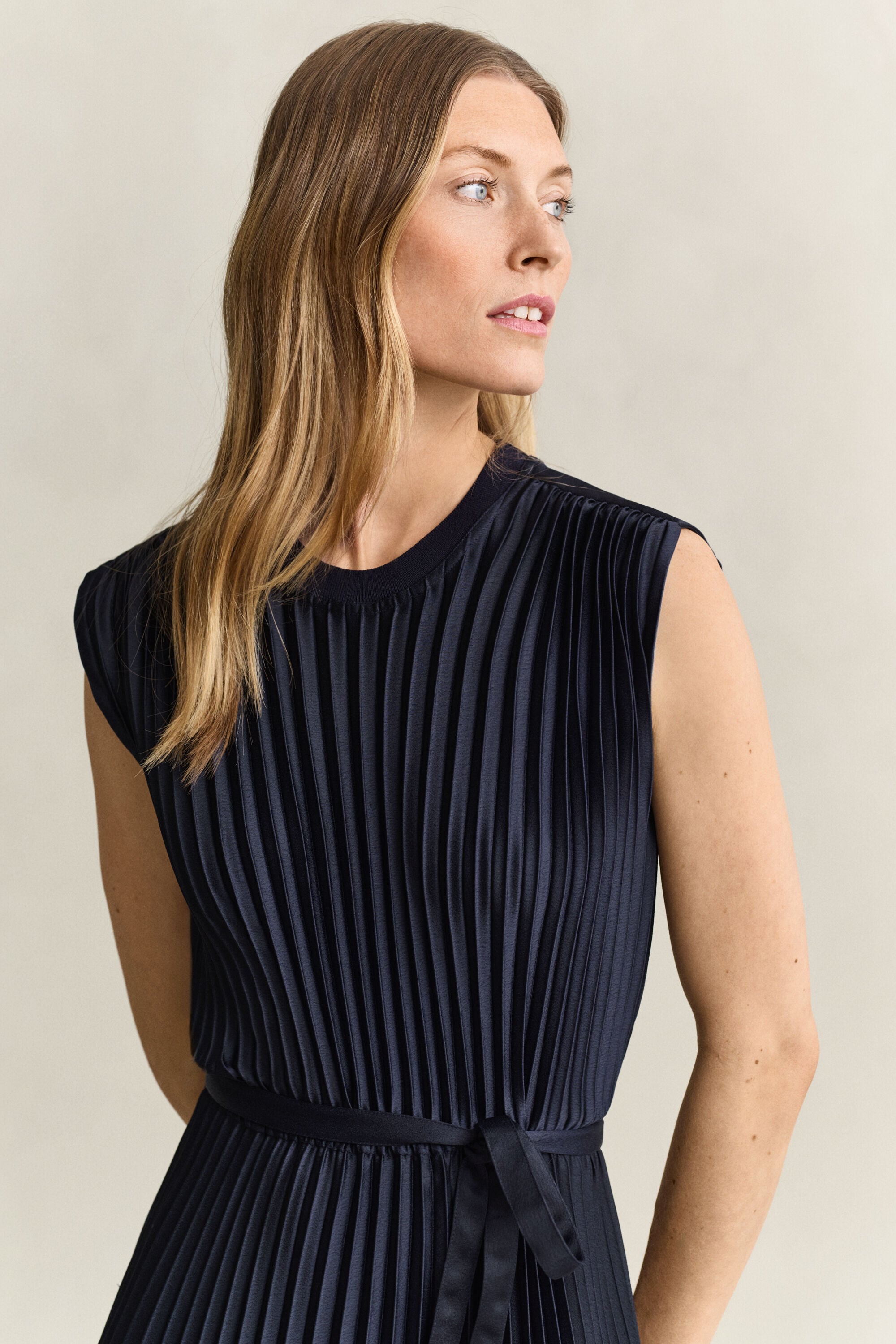 Pleated Belted Dress — EVENING BLUE