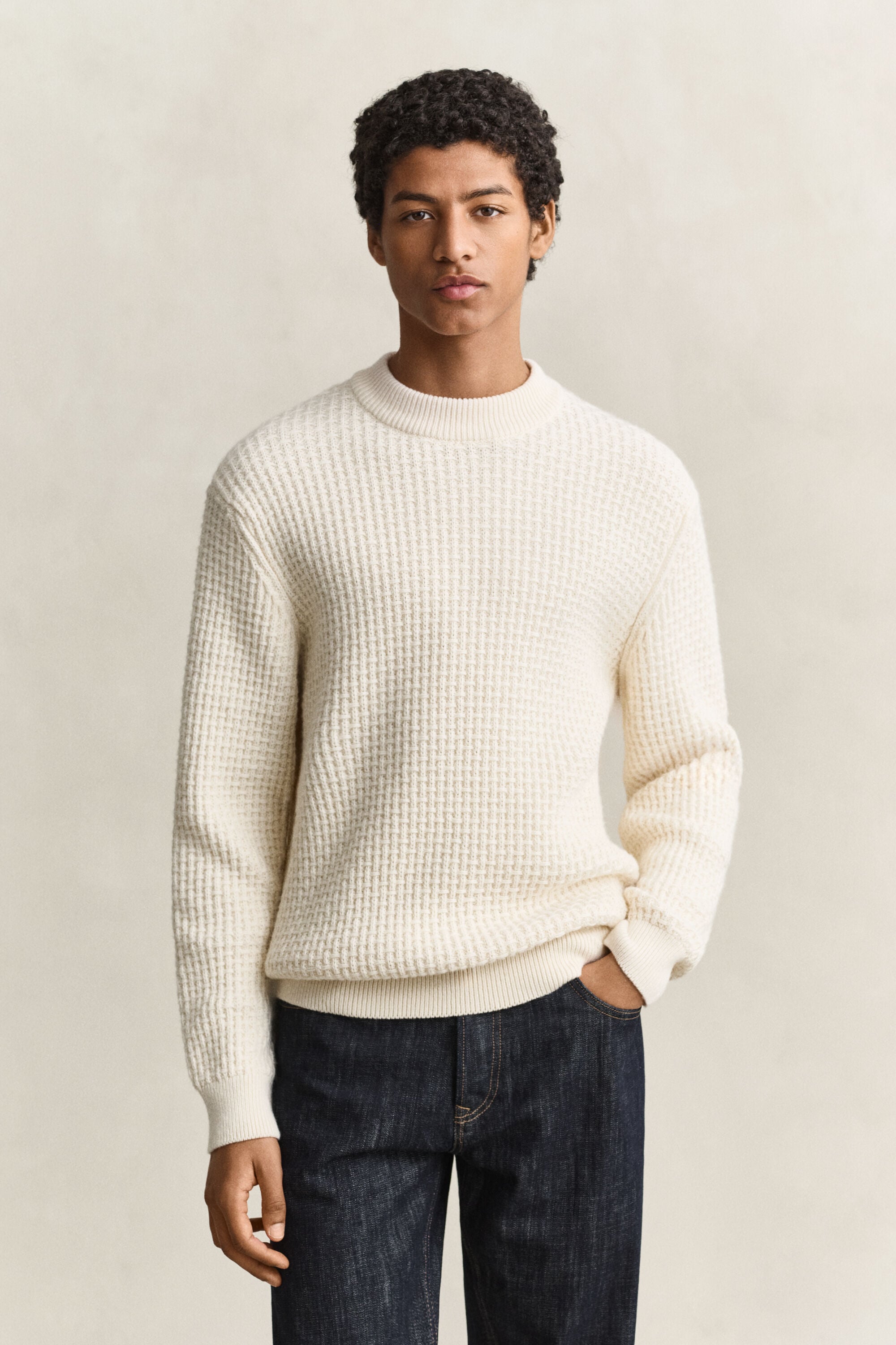 Textured Cotton Wool Mock Neck Sweater