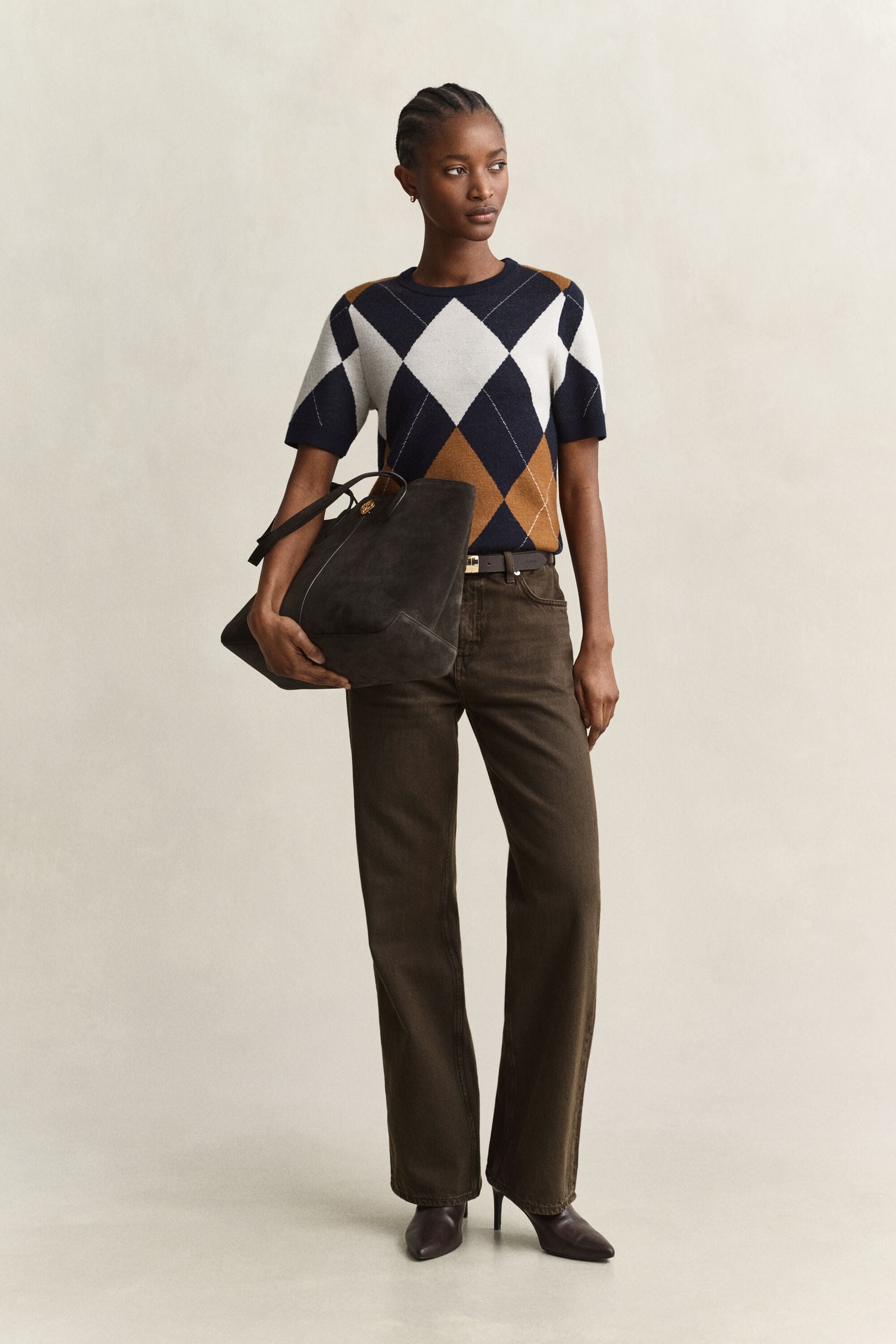 Wool Argyle Short Sleeve Sweater