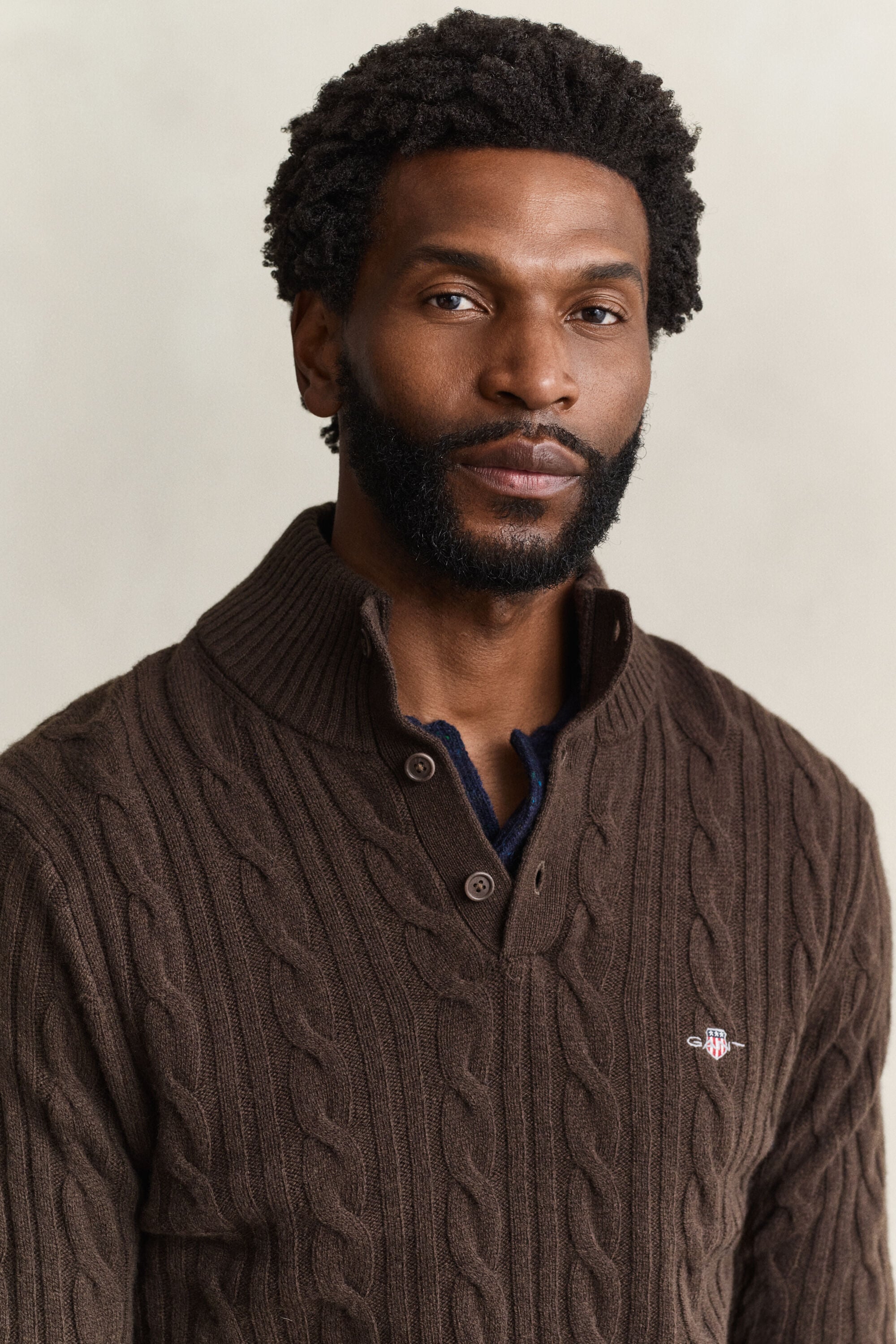 Lambswool Cable Knit Half-Buttoned Sweater
