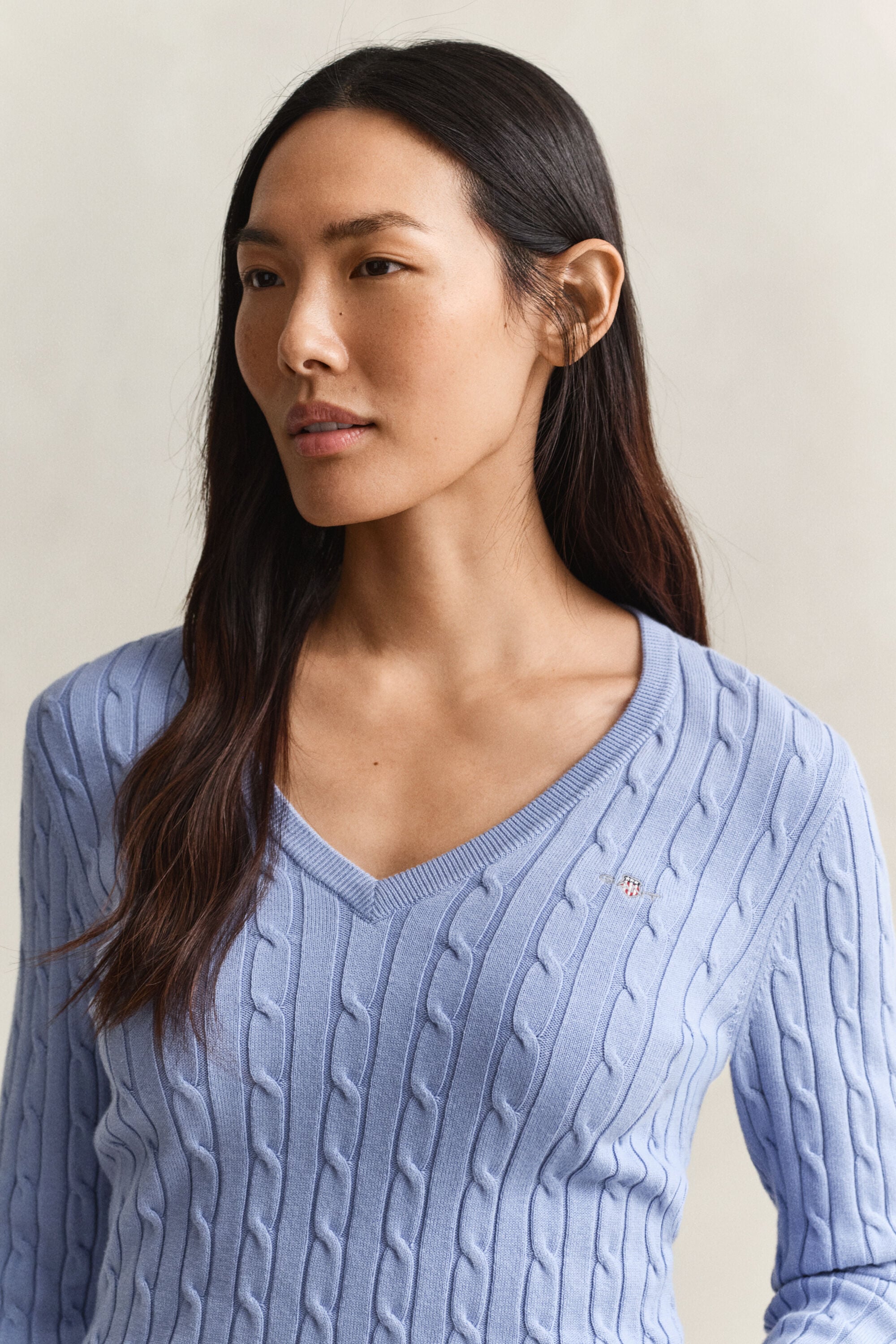 Stretch Cotton Cable Knit V-Neck Sweater