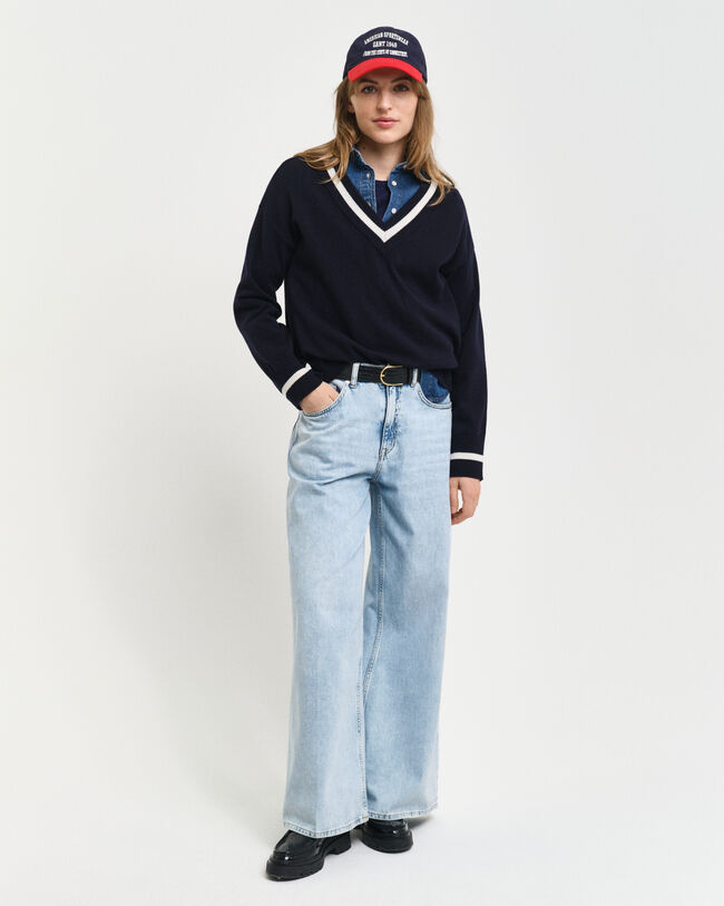 Superfine Lambswool Contrast V-Neck Sweater