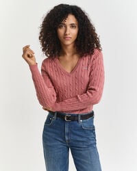 Stretch Cotton Cable Knit V-Neck Sweater