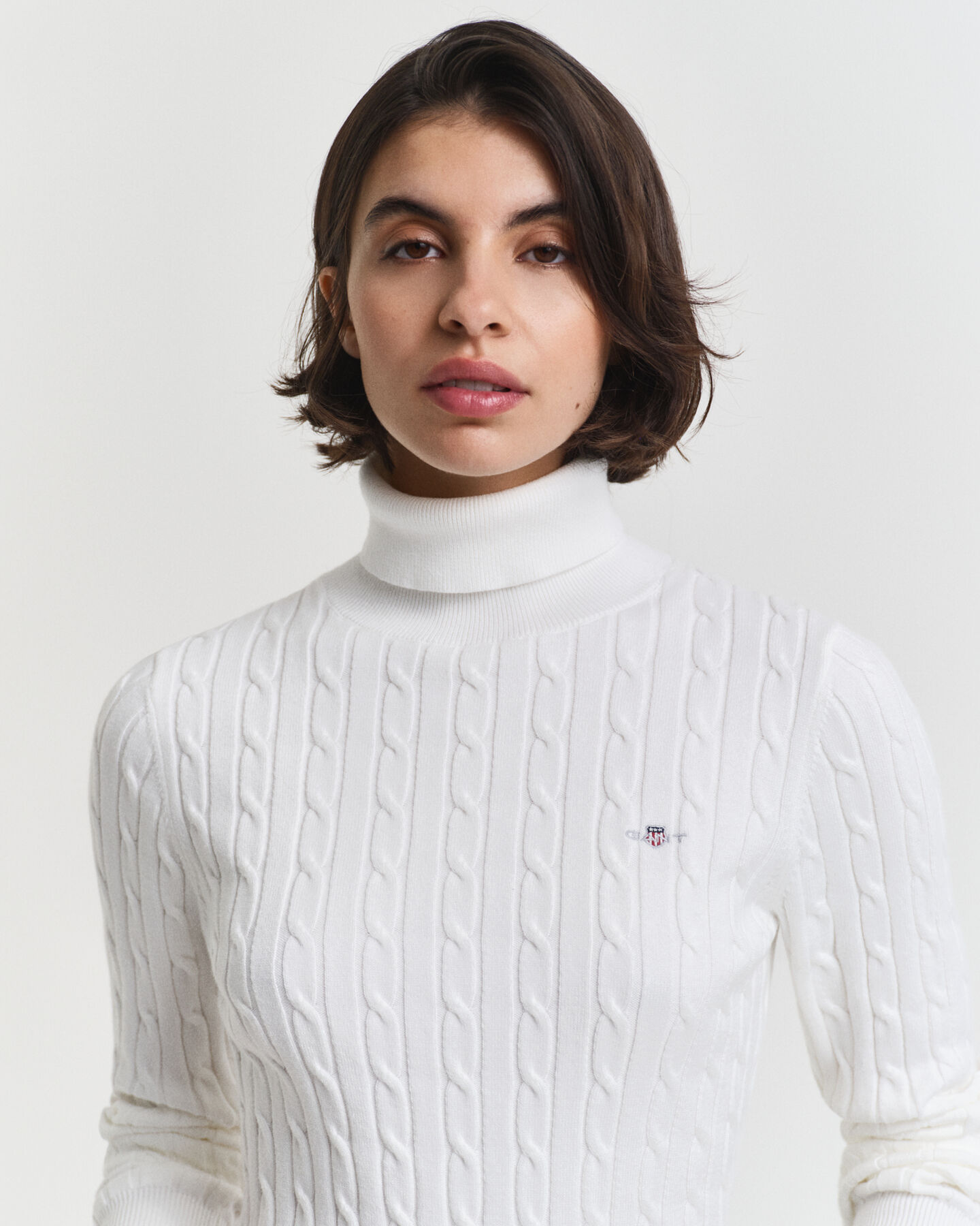Stretch Cotton Cable Knit Turtleneck Sweater