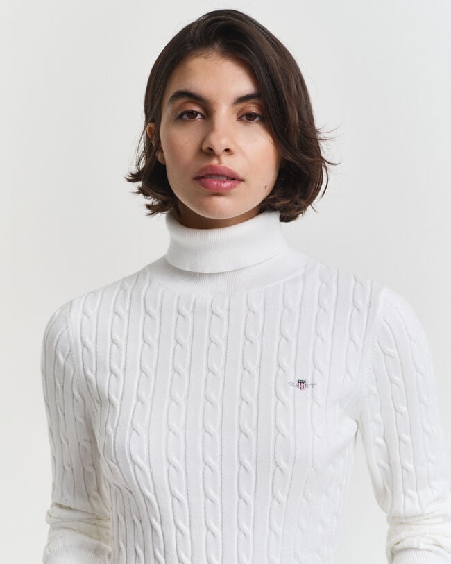 Stretch Cotton Cable Knit Turtleneck Sweater