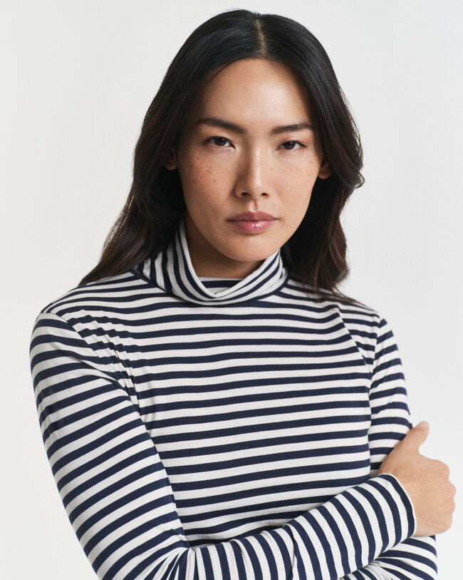 Lightweight Striped Cotton Turtleneck Top