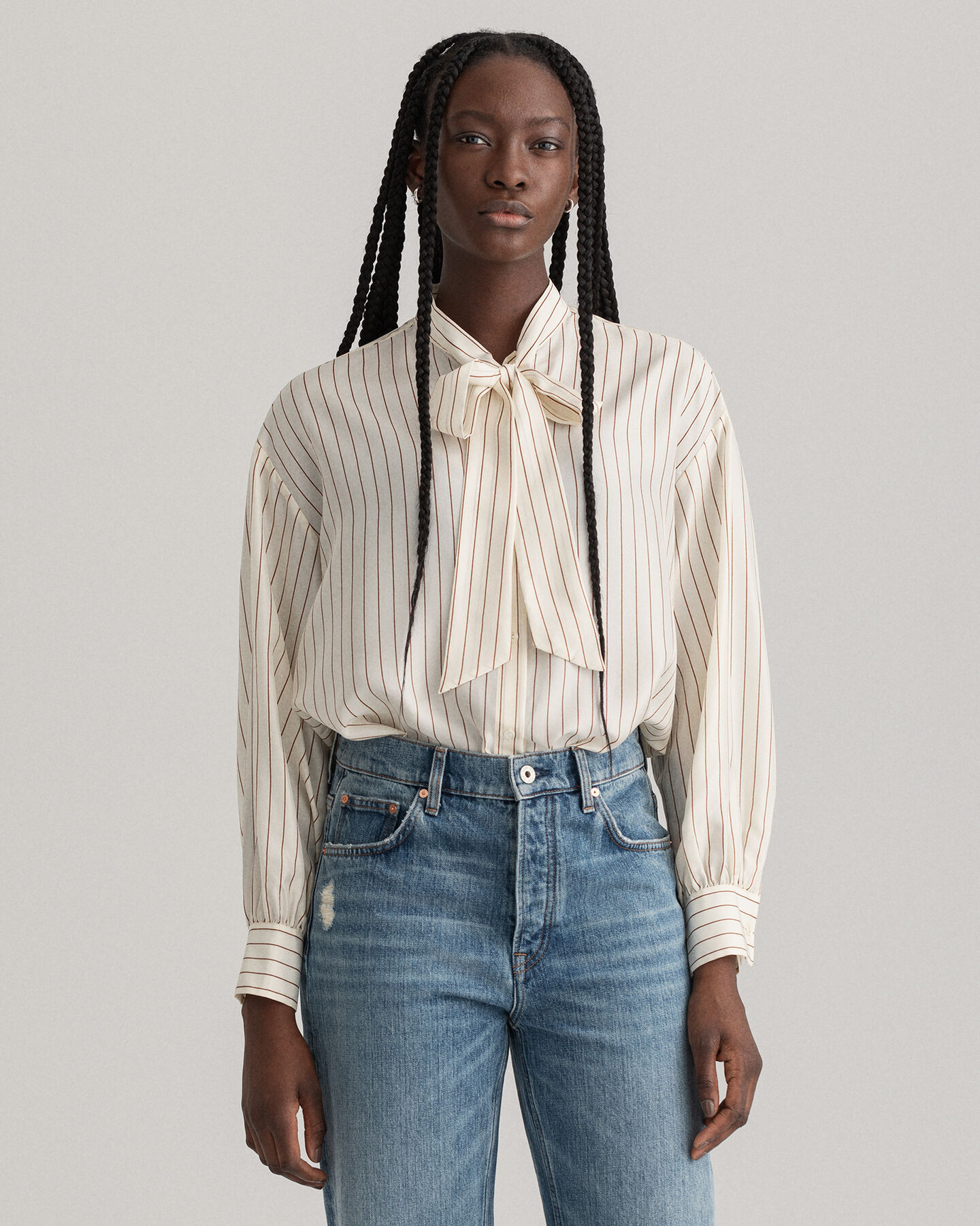 Pinstripe Bow Silk Shirt