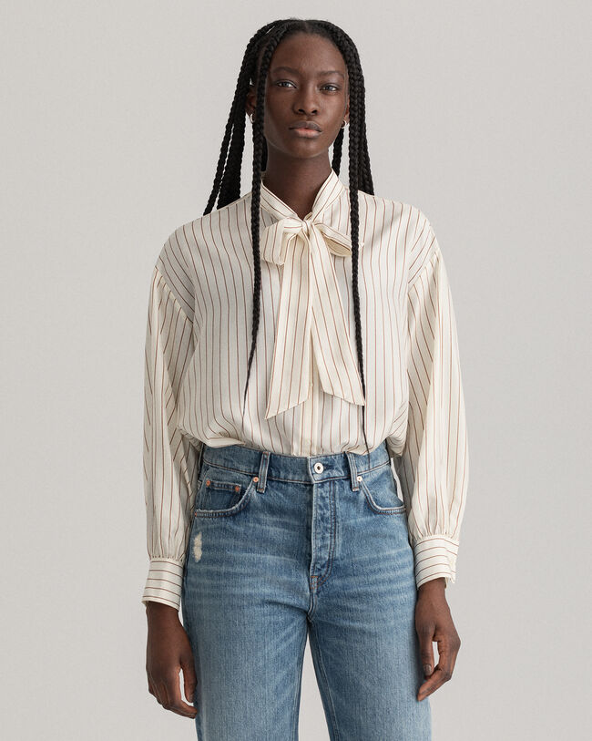 Pinstripe Bow Silk Shirt
