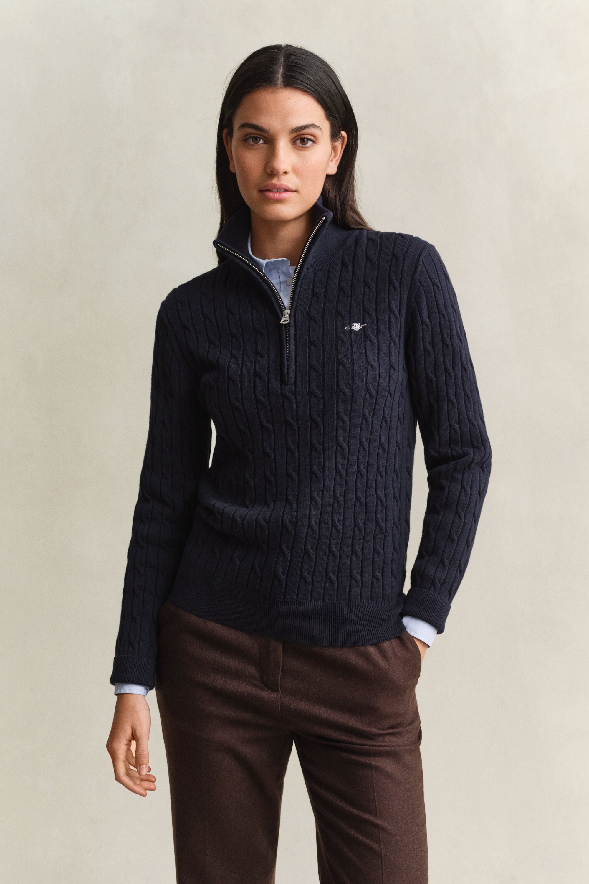 Stretch Cable Knit Half-Zip Sweater