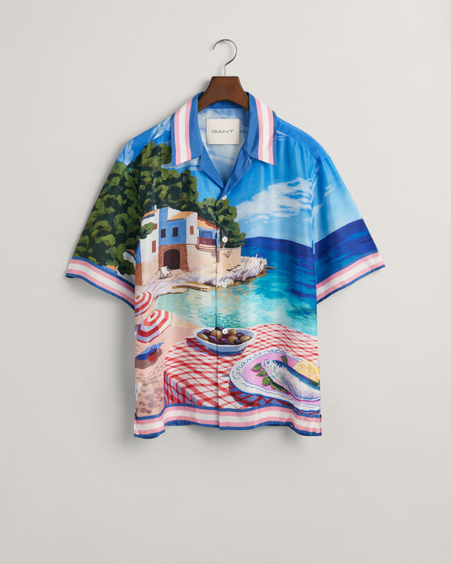Relaxed Fit Scenery Print Silk Shirt