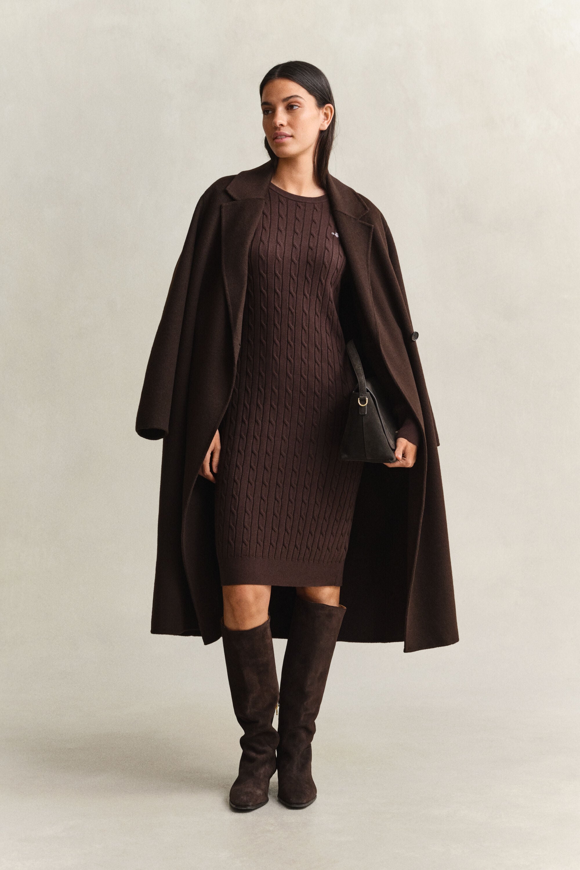 Stretch Cotton Cable Knit Crew Neck Dress
