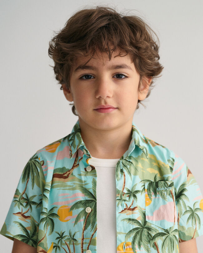 Kids Palm Print Cotton Short Sleeve Shirt