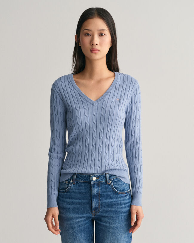 Stretch Cotton Cable Knit VNeck Sweater GANT